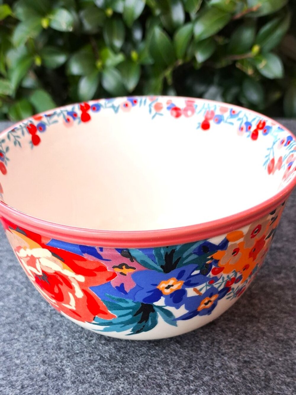 ANTHROPOLOGIE CERAMIC CEREAL BOWL RED WITH COLORFUL FLOWERS LIBERTY PATTERN